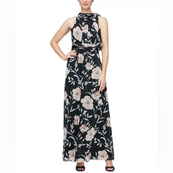NWT SLNY | Black Pink Shimmer Petite Floral Print Halter Dress 4P - Picture 1 of 13